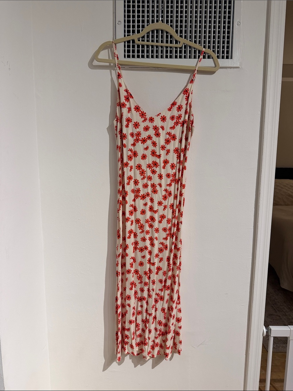 Reformation Cream Slip Midi Dress with Red Daisy Print, 4